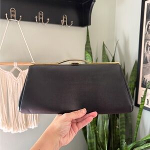 VTG 60s Black Faux Leather Clutch Gold Trim Sunburst Interior